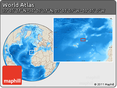 Shaded Relief Location Map of the Area around 34° 0' 57" N, 15° 13' 29" W