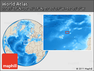 Shaded Relief Location Map of the Area around 34° 0' 57" N, 15° 13' 29" W