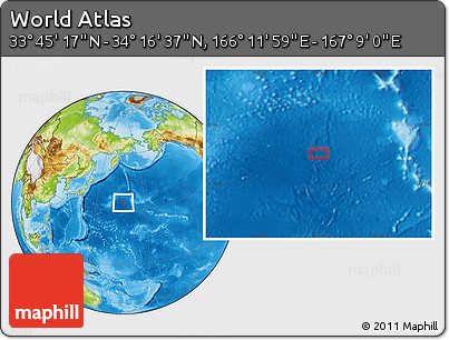 Physical Location Map of the Area around 34° 0' 57" N, 166° 40' 30" E