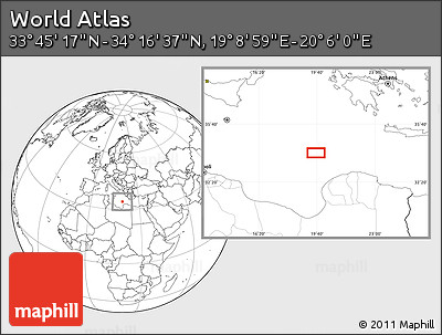 Blank Location Map of the Area around 34° 0' 57" N, 19° 37' 30" E