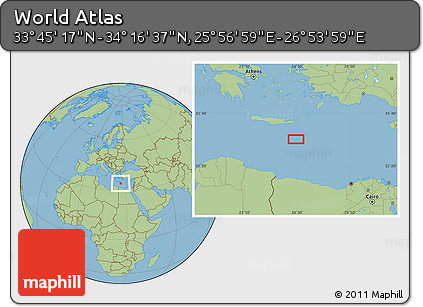 Savanna Style Location Map of the Area around 34° 0' 57" N, 26° 25' 29" E