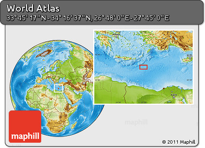 Physical Location Map of the Area around 34° 0' 57" N, 27° 16' 29" E