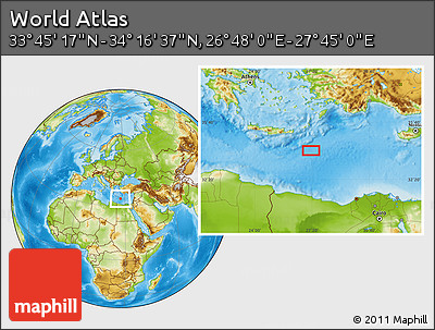 Physical Location Map of the Area around 34° 0' 57" N, 27° 16' 29" E