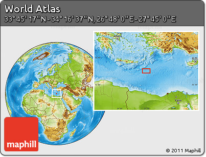 Physical Location Map of the Area around 34° 0' 57" N, 27° 16' 29" E