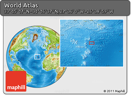 Physical Location Map of the Area around 34° 0' 57" N, 27° 7' 30" W