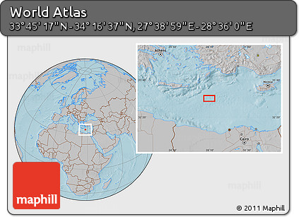 Gray Location Map of the Area around 34° 0' 57" N, 28° 7' 30" E, hill shading
