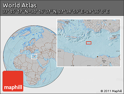 Gray Location Map of the Area around 34° 0' 57" N, 28° 7' 30" E, hill shading