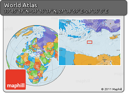 Political Location Map of the Area around 34° 0' 57" N, 28° 7' 30" E