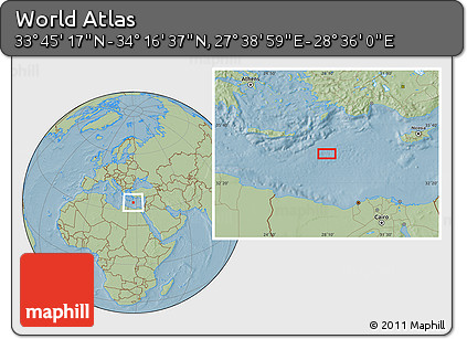 Savanna Style Location Map of the Area around 34° 0' 57" N, 28° 7' 30" E, hill shading