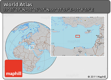 Gray Location Map of the Area around 34° 0' 57" N, 30° 40' 29" E