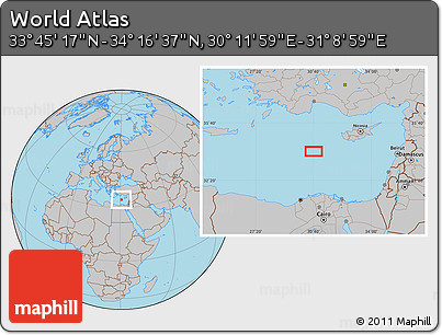 Gray Location Map of the Area around 34° 0' 57" N, 30° 40' 29" E