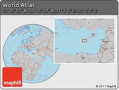 Gray Location Map of the Area around 34° 0' 57" N, 31° 31' 29" E