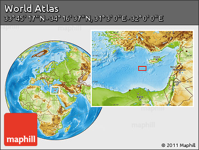 Physical Location Map of the Area around 34° 0' 57" N, 31° 31' 29" E