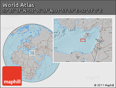 Gray Location Map of the Area around 34° 0' 57" N, 32° 22' 30" E, hill shading