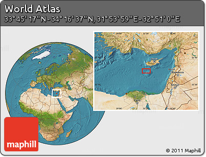 Satellite Location Map of the Area around 34° 0' 57" N, 32° 22' 30" E