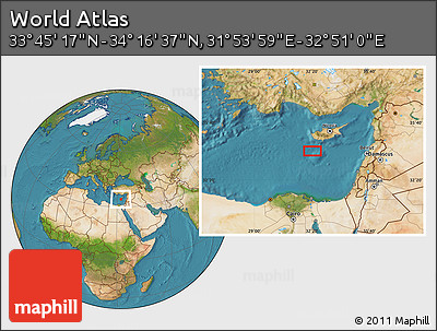 Satellite Location Map of the Area around 34° 0' 57" N, 32° 22' 30" E