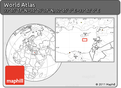 Blank Location Map of the Area around 34° 0' 57" N, 33° 13' 30" E