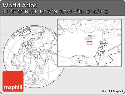 Blank Location Map of the Area around 34° 0' 57" N, 33° 13' 30" E