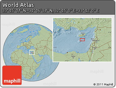 Savanna Style Location Map of the Area around 34° 0' 57" N, 33° 13' 30" E, hill shading