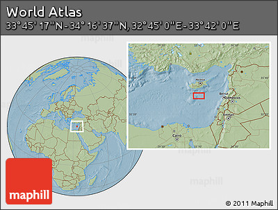Savanna Style Location Map of the Area around 34° 0' 57" N, 33° 13' 30" E, hill shading