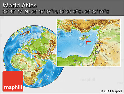 Physical Location Map of the Area around 34° 0' 57" N, 34° 4' 30" E