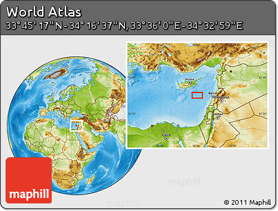 Physical Location Map of the Area around 34° 0' 57" N, 34° 4' 30" E