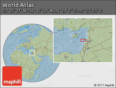 Savanna Style Location Map of the Area around 34° 0' 57" N, 34° 55' 29" E, hill shading