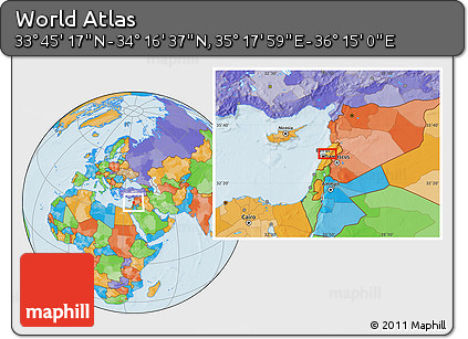 Political Location Map of the Area around 34° 0' 57" N, 35° 46' 29" E