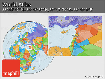 Political Location Map of the Area around 34° 0' 57" N, 35° 46' 29" E