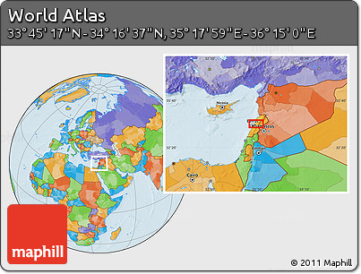 Political Location Map of the Area around 34° 0' 57" N, 35° 46' 29" E