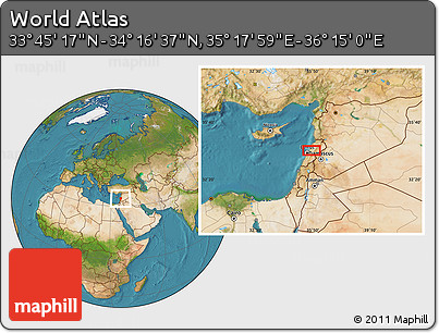 Satellite Location Map of the Area around 34° 0' 57" N, 35° 46' 29" E