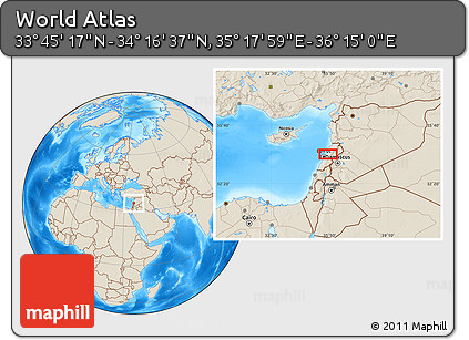 Shaded Relief Location Map of the Area around 34° 0' 57" N, 35° 46' 29" E