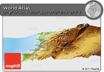 Physical Panoramic Map of the Area around 34° 0' 57" N, 35° 46' 29" E