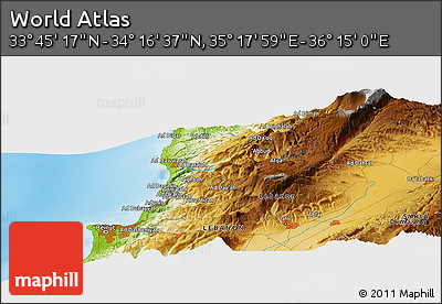 Physical Panoramic Map of the Area around 34° 0' 57" N, 35° 46' 29" E