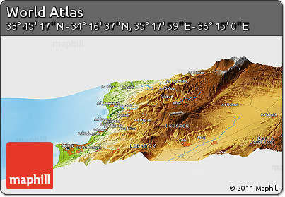 Physical Panoramic Map of the Area around 34° 0' 57" N, 35° 46' 29" E
