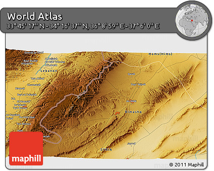 Physical 3D Map of the Area around 34° 0' 57" N, 36° 37' 30" E
