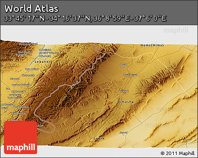 Physical 3D Map of the Area around 34° 0' 57" N, 36° 37' 30" E