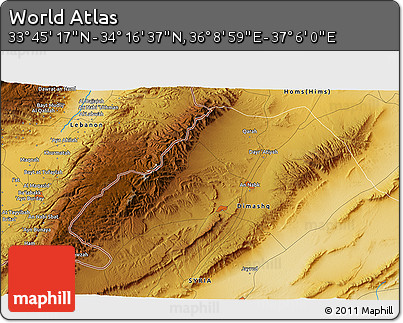 Physical 3D Map of the Area around 34° 0' 57" N, 36° 37' 30" E