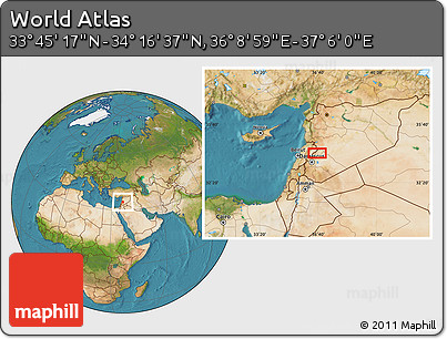 Satellite Location Map of the Area around 34° 0' 57" N, 36° 37' 30" E