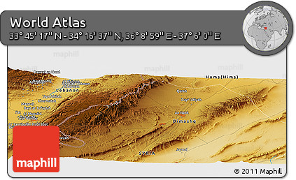 Physical Panoramic Map of the Area around 34° 0' 57" N, 36° 37' 30" E