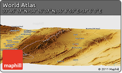 Physical Panoramic Map of the Area around 34° 0' 57" N, 36° 37' 30" E