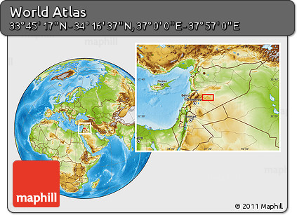 Physical Location Map of the Area around 34° 0' 57" N, 37° 28' 30" E