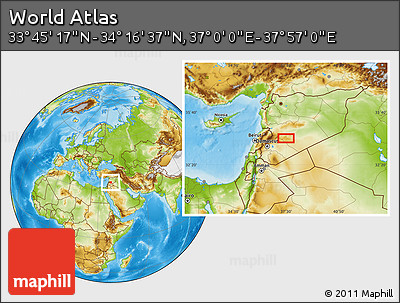 Physical Location Map of the Area around 34° 0' 57" N, 37° 28' 30" E