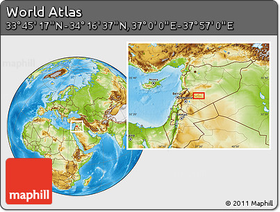 Physical Location Map of the Area around 34° 0' 57" N, 37° 28' 30" E