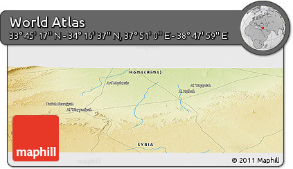 Physical Panoramic Map of the Area around 34° 0' 57" N, 38° 19' 30" E