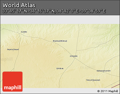 Physical 3D Map of the Area around 34° 0' 57" N, 39° 10' 29" E