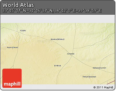 Physical 3D Map of the Area around 34° 0' 57" N, 39° 10' 29" E