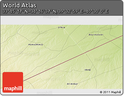Physical 3D Map of the Area around 34° 0' 57" N, 40° 1' 29" E
