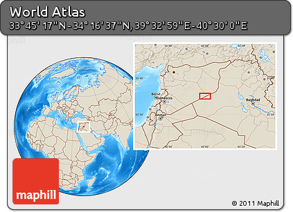 Shaded Relief Location Map of the Area around 34° 0' 57" N, 40° 1' 29" E
