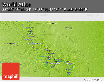 Physical 3D Map of the Area around 34° 0' 57" N, 42° 34' 30" E